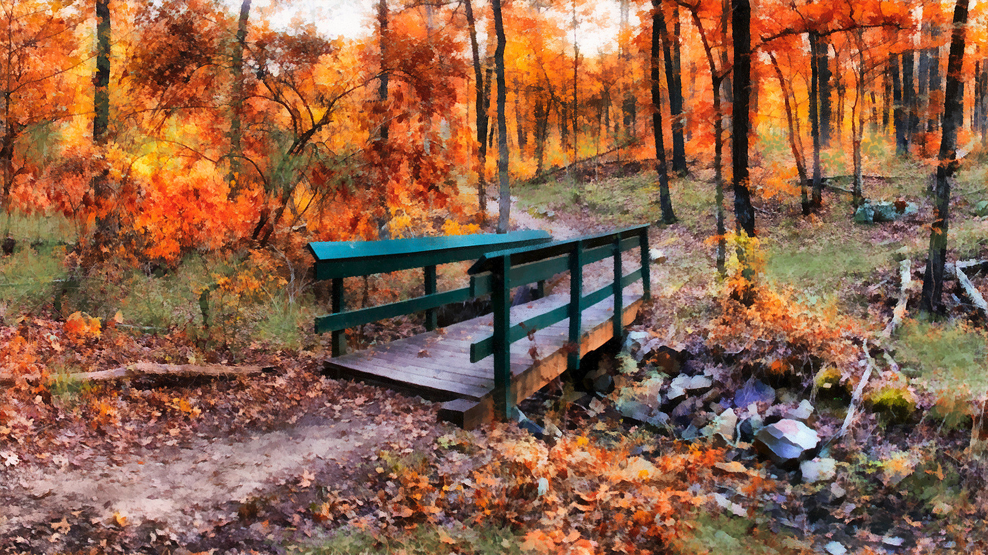 Green Bridge in Autumn Woods